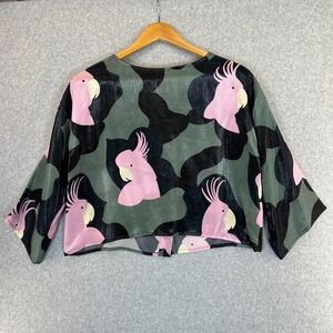 Samuji Silk Bencis Shirt Blouse Green Pink Kakadu Bird Parrot Print Womens Sz 34